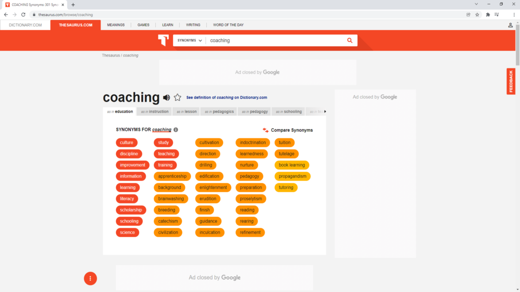 Thesaurus synonyms for coaching